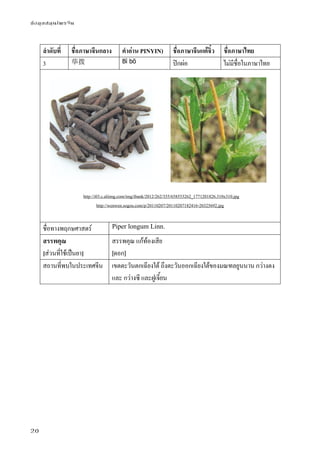 ข้อมูลสมุนไพรจีน
20
ลําดับที่ ชื่อภาษาจีนกลาง คําอ่าน PINYIN) ชื่อภาษาจีนแต้จิ๋ว ชื่อภาษาไทย
3 荜拨 Bì bō ปิกผ่อ ไม่มีชื่อในภาษาไทย
   
http://i03.c.aliimg.com/img/ibank/2012/262/355/658553262_1771201826.310x310.jpg
http://wenwen.sogou.com/p/20110207/20110207182416-20325692.jpg
ชื่อทางพฤกษศาสตร์ Piper longum Linn.
สรรพคุณ
[ส่วนที่ใช้เป็นยา]
สรรพคุณ แก้ท้องเสีย
[ดอก]
สถานที่พบในประเทศจีน เขตตะวันตกเฉียงใต้ ถึงตะวันออกเฉียงใต้ของมณฑลยูนนาน กว่างตง
และ กว่างซี และฝูเจี้ยน
 