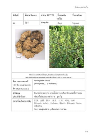 ข้อมูลสมุนไพรจีน
35
ลําดับที่ ชื่อภาษาจีนกลาง คําอ่าน (PINYIN) ชื่อภาษาจีน
แต้จิ๋ว
ชื่อภาษาไทย
18 苍术 Cāngzhú ซังตุก โกฐเขมา
http://www.tcm100.com/Images_ZhongYaoXue/Cangzhu-YaoCai.jpg
http://www.ycbase.com.img.800cdn.com/qy/4023/upfile/4/20081127105037400.jpg
ชื่อทางพฤกษศาสตร์
[สารประกอบทางเคมีใน
พืช (Phytochemistry)]
Atractylodes lancea
[atractylodin,、β-eudesmol]
สรรพคุณ
[ส่วนที่ใช้เป็นยา]
รักษาอาการหายใจขัด ปวดเมื่อย อาเจียน ใบหน้าหมองคล้ํา ซูบผอม
กล้ามเนื้ออ่อนแรง เหนื่อยง่าย [เหง้า]
สถานที่พบในประเทศจีน 江苏、安徽、四川、湖北、江西、河南、山东
Jiānɡsū、ānhuī、Sìchuān、Húběi、Jiānɡxī、Hénán、
Shāndōnɡ
เจียงซู อานฮุย เสฉวน หูเป่ย เหอหนาน ซานตง
 