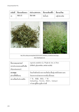 ข้อมูลสมุนไพรจีน
76
ลําดับที่ ชื่อภาษาจีนกลาง คําอ่าน (PINYIN) ชื่อภาษาจีนแต้จิ๋ว ชื่อภาษาไทย
59 鲫鱼草 Jìyú cǎo จิกฮี๊วเช่า หญ้าปลาสลิด
http://i04.c.aliimg.com/img/ibank/2010/914/859/139958419_721580250.310x310.jpg
http://4.bp.blogspot.com
ชื่อทางพฤกษศาสตร์
[สารประกอบทางเคมีในพืช
(Phytochemistry)]
ragrostis amabilis (L.) Wight & Arn. ex Nees
[Alkali, glycosides, amino acids]
สรรพคุณ
[ส่วนที่ใช้เป็นยา]
รักษาโรคผิวหนัง กลาก สะเก็ดเงิน เป็นตุ่ม สตรีปวดทรวงอก
รักษาอาการปวดจากการหกล้ม [ทั้งหมด]
สถานที่พบในประเทศจีน 广东、福建、湖北、广西
Guǎnɡdōnɡ、Fújiàn、Húběi、Guǎnɡxī
กว่างตง ฝูเจี้ยน หูเป่ย กว่างซี
 