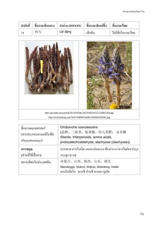 ข้อมูลสมุนไพรจีน
91
ลําดับที่ ชื่อภาษาจีนกลาง คําอ่าน (PINYIN) ชื่อภาษาจีนแต้จิ๋ว ชื่อภาษาไทย
74 列当 Liè dāng เล็กตัน ไม่มีชื่อในภาษาไทย
http://pic.baike.soso.com/p/20110105/bki-20110105163523-1240831426.jpg
http://a3.att.hudong.com/78/67/300000764046130568676796467.jpg
ชื่อทางพฤกษศาสตร์
[สารประกอบทางเคมีในพืช
(Phytochemistry)]
Orobanche coerulescens
[甾醇、三萜类、氨基酸、原儿茶醛； 水苏糖
Sterols, triterpenoids, amino acids,
protocatechualdehyde; stachyose (stachyose)]
สรรพคุณ
[ส่วนที่ใช้เป็นยา]
บรรเทาอาการโรคไต แขนขาอ่อนแรง ท้องร่วง อาหารไม่ย่อย บํารุง
กระดูก [ราก]
สถานที่พบในประเทศจีน 内蒙古、山西、陕西、山东、湖北
Nèiménggǔ, Shānxī, Shǎnxī, Shāndōng, Húběi
มองโกเลียใน ซานซี ส่านซี ซานตง หูเป่ย
 