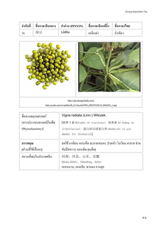 ข้อมูลสมุนไพรจีน
93
ลําดับที่ ชื่อภาษาจีนกลาง คําอ่าน (PINYIN) ชื่อภาษาจีนแต้จิ๋ว ชื่อภาษาไทย
76 绿豆 Lǜdòu เหล็กเต่า ถั่วเขียว
http://cdn.zhongyibaike.com/
http://g.udn.com.tw/upfiles/B_LU/lucy66/PSN_PHOTO/053/f_8866053_1.jpg
ชื่อทางพฤกษศาสตร์
[สารประกอบทางเคมีในพืช
(Phytochemistry)]
Vigna radiata (Linn.) Wilczek.
[胡萝卜素 Húluóbo sù (carotene), 核黄素 hé huáng sù
(riboflavine); 蛋白质以球蛋白类 dànbáizhí yǐ qiú
dànbái lèi (blobulin)]
สรรพคุณ
[ส่วนที่ใช้เป็นยา]
ลดไข้ อาเจียน หอบหืด ละลายเสมหะ ปวดหัว วิงเวียน ตาลาย ช่วย
ขับปัสสาวะ ถอนพิษ [เมล็ด]
สถานที่พบในประเทศจีน 河南、河北、山东、安徽
Hénán,Héběi, Shāndōng, Anhuī
เหอหนาน, เหอเป่ย, ซานตง อานฮุย
 