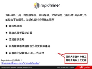 COPYRIGHT©2016 eBizprise Inc. & eBizprise Technology (TJ) Ltd.
資料分析工具，為機器學習、資料採礦、文字探勘、預測分析與商業分析
的整合平台環境，並提供資料視覺化的服務
 圖形化介面
 拖曳式分析設計介面
 流程錯誤告知
 供各檔案格式讀寫及外部資料庫連結
 以圖示化紀錄個人ETL工作流程
目前大多資料分析工
具均含有以上之功能RapidMiner官網URL：
https://rapidminer.com/products/studio/
 