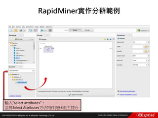 COPYRIGHT©2016 eBizprise Inc. & eBizprise Technology (TJ) Ltd.
RapidMiner實作分群範例
輸入”select attributes”，
並將Select Attributes方法物件拖移至主控台
 