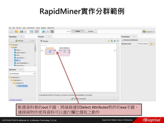 COPYRIGHT©2016 eBizprise Inc. & eBizprise Technology (TJ) Ltd.
RapidMiner實作分群範例
點選資料集的out半圓，將線條連到Select Attributes物件的exa半圓，
連接兩物件使得資料可以進行欄位選取之動作
 