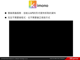 COPYRIGHT©2016 eBizprise Inc. & eBizprise Technology (TJ) Ltd.
 雲端爬蟲服務，並能以API的形式提供抓取的資料
 完全不需要寫程式，也不需要會正規表示式
imono
 