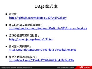 COPYRIGHT©2016 eBizprise Inc. & eBizprise Technology (TJ) Ltd.
 大祕寶：
https://github.com/mbostock/d3/wiki/Gallery
 個人Github人際網路互動圖：
http://ghv.artzub.com/#repo=d3&climit=100&user=mbostock
 全球各國歷年資料互動圖：
http://cesiumjs.org/demos/d3.html
 各式基本資料圖表：
https://my.infocaptor.com/free_data_visualization.php
 簡易互動式Dashboard：
http://bl.ocks.org/NPashaP/96447623ef4d342ee09b
D3.js 函式庫
 