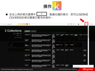 COPYRIGHT©2016 eBizprise Inc. & eBizprise Technology (TJ) Ltd.
 在右上角的模式選擇中 ，點選右邊的模式，即可以JSON或
CSV或RSS的模式觀看已暫存的資料。
操作
 