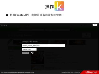 COPYRIGHT©2016 eBizprise Inc. & eBizprise Technology (TJ) Ltd.
 點選Create API，創建可擷取該資料的管道。
操作
 
