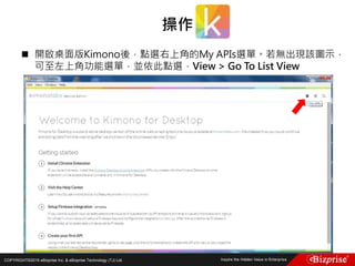 COPYRIGHT©2016 eBizprise Inc. & eBizprise Technology (TJ) Ltd.
 開啟桌面版Kimono後，點選右上角的My APIs選單。若無出現該圖示，
可至左上角功能選單，並依此點選，View > Go To List View
操作
 