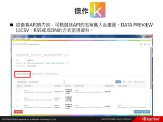 COPYRIGHT©2016 eBizprise Inc. & eBizprise Technology (TJ) Ltd.
 欲查看API的內容，可點選該API的名稱進入此畫面。DATA PREVIEW
以CSV、RSS或JSON的方式呈現資料。
操作
 