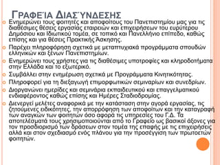 ΓΡΑΦΕΊΑ ΔΙΑΣΎΝΔΕΣΗΣ
 Ενημερώνει τους φοιτητές και αποφοίτους του Πανεπιστημίου μας για τις
διαθέσιμες θέσεις εργασίας εταιρειών και επιχειρήσεων του ευρύτερου
Δημόσιου και Ιδιωτικού τομέα, σε τοπικό και Πανελλήνιο επίπεδο, καθώς
επίσης και για θέσεις Πρακτικής Άσκησης.
 Παρέχει πληροφόρηση σχετικά με μεταπτυχιακά προγράμματα σπουδών
ελληνικών και ξένων Πανεπιστημίων.
 Ενημερώνει τους χρήστες για τις διαθέσιμες υποτροφίες και κληροδοτήματα
στην Ελλάδα και το εξωτερικό.
 Συμβάλλει στην ενημέρωση σχετικά με Προγράμματα Κινητικότητας.
 Πληροφορεί για τη διεξαγωγή επιμορφωτικών σεμιναρίων και συνεδρίων.
 Διοργανώνει ημερίδες και σεμινάρια εκπαιδευτικού και επαγγελματικού
ενδιαφέροντος καθώς επίσης και Ημέρες Σταδιοδρομίας.
 Διενεργεί μελέτες αναφορικά με την κατάσταση στην αγορά εργασίας, τις
ζητούμενες ειδικότητες, την απορρόφηση των αποφοίτων και την καταγραφή
των αναγκών των φοιτητών όσο αφορά τις υπηρεσίες του Γ.Δ. Τα
αποτελέσματά τους χρησιμοποιούνται από το Γραφείο ως βασικοί άξονες για
τον προσδιορισμό των δράσεων στον τομέα της επαφής με τις επιχειρήσεις
αλλά και στον σχεδιασμό ενός πλάνου για την προσέγγιση των πρωτοετών
φοιτητών.
 