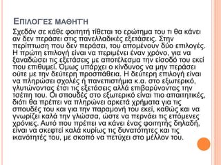 ΕΠΙΛΟΓΈΣ ΜΑΘΗΤΉ
Σχεδόν σε κάθε φοιτητή τίθεται το ερώτημα του τι θα κάνει
αν δεν περάσει στις πανελλαδικές εξετάσεις. Στην
περίπτωση που δεν περάσει, του απομένουν δύο επιλογές.
Η πρώτη επιλογή είναι να περιμένει έναν χρόνο, για να
ξαναδώσει τις εξετάσεις με αποτέλεσμα την είσοδό του εκεί
που επιθυμεί. Όμως υπάρχει ο κίνδυνος να μην περάσει
ούτε με την δεύτερη προσπάθεια. Η δεύτερη επιλογή είναι
να πληρώσει σχολές ή πανεπιστήμια κ.α. στο εξωτερικό,
γλυτώνοντας έτσι τις εξετάσεις αλλά επιβαρύνοντας την
τσέπη του. Οι σπουδές στο εξωτερικό είναι πιο απαιτητικές,
διότι θα πρέπει να πληρώνει αρκετά χρήματα για τις
σπουδές του και για την παραμονή του εκεί, καθώς και να
γνωρίζει καλά την γλώσσα, ώστε να περνάει τις επόμενες
χρόνιες. Αυτό που πρέπει να κάνει ένας φοιτητής δηλαδή,
είναι να σκεφτεί καλά κυρίως τις δυνατότητες και τις
ικανότητές του, με σκοπό να πετύχει στο μέλλον του.
 