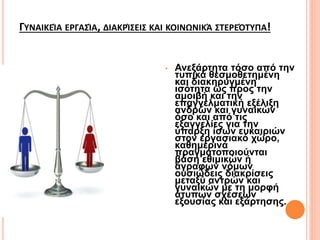 ΓΥΝΑΙΚΕΊΑ ΕΡΓΑΣΊΑ, ΔΙΑΚΡΊΣΕΙΣ ΚΑΙ ΚΟΙΝΩΝΙΚΆ ΣΤΕΡΕΌΤΥΠΑ!
• Ανεξάρτητα τόσο από την
τυπικά θεσμοθετημένη
και διακηρυγμένη
ισότητα ως προς την
αμοιβή και την
επαγγελματική εξέλιξη
ανδρών και γυναικών
όσο και από τις
εξαγγελίες για την
ύπαρξη ίσων ευκαιριών
στον εργασιακό χώρο,
καθημερινά
πραγματοποιούνται
βάση εθιμικών ή
άγραφων νόμων
ουσιώδεις διακρίσεις
μεταξύ αντρών και
γυναικών με τη μορφή
άτυπων σχέσεων
εξουσίας και εξάρτησης.
 