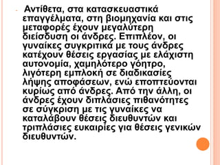 • Αντίθετα, στα κατασκευαστικά
επαγγέλματα, στη βιομηχανία και στις
μεταφορές έχουν μεγαλύτερη
διείσδυση οι άνδρες. Επιπλέον, οι
γυναίκες συγκριτικά με τους άνδρες
κατέχουν θέσεις εργασίας με ελάχιστη
αυτονομία, χαμηλότερο γόητρο,
λιγότερη εμπλοκή σε διαδικασίες
λήψης αποφάσεων, ενώ εποπτεύονται
κυρίως από άνδρες. Από την άλλη, οι
άνδρες έχουν διπλάσιες πιθανότητες
σε σύγκριση με τις γυναίκες να
καταλάβουν θέσεις διευθυντών και
τριπλάσιες ευκαιρίες για θέσεις γενικών
διευθυντών.
 