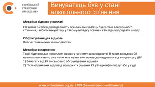 Винуватець був у стані
алкогольного сп’яніння
www.ombudsman.org.ua  409 (безкоштовно з мобільного)
Механізм відмови у виплаті
СК знімає з себе відповідальність оскільки винуватець був у стані алкогольного
сп’яніння, і нібито винуватець у такому випадку повинен сам відшкодовувати шкоду.
Обґрунтування для відмови
Власне тлумачення законодавства.
Механізм оскарження
Такої підстави для невиплати немає у чинному законодавстві. В таких випадках СК
повинна виплатити, але потім має право вимагати відшкодування від винуватця у ДТП.
1) Вимагати від СК письмового обгрунтування відмови
2) Після отримання відповіді оскаржити рішення СК у Нацкомфінпослуг або у суді
 