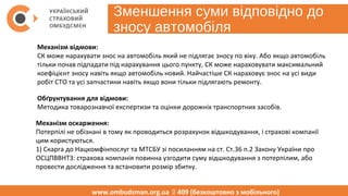 Зменшення суми відповідно до
зносу автомобіля
www.ombudsman.org.ua  409 (бесплатно с мобильного)
Механізм відмови:
СК може нарахувати знос на автомобіль який не підлягає зносу по віку. Або якщо автомобіль
тільки почав підпадати під нарахування цього пункту, СК може нараховувати максимальний
коефіцієнт зносу навіть якщо автомобіль новий. Найчастіше СК нараховує знос на усі види
робіт СТО та усі запчастини навіть якщо вони тільки підлягають ремонту.
Обґрунтування для відмови:
Методика товарознавчої експертизи та оцінки дорожніх транспортних засобів.
Механізм оскарження:
Потерпілі не обізнані в тому як проводиться розрахунок відшкодування, і страхові компанії
цим користуються.
1) Скарга до Нацкомфінпослуг та МТСБУ зі посиланням на ст. Ст.36 п.2 Закону України про
ОСЦПВВНТЗ: страхова компанія повинна узгодити суму відшкодування з потерпілим, або
провести дослідження та встановити розмір збитку.
www.ombudsman.org.ua  409 (безкоштовно з мобільного)
 