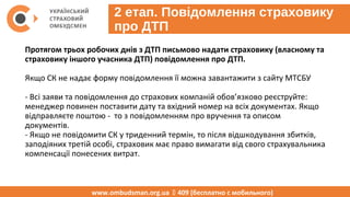 2 етап. Повідомлення страховику
про ДТП
Протягом трьох робочих днів з ДТП письмово надати страховику (власному та
страховику іншого учасника ДТП) повідомлення про ДТП.
Якщо СК не надає форму повідомлення її можна завантажити з сайту МТСБУ
http://www.mtsbu.ua/files/Povidomlenya.docx
- Всі заяви та повідомлення до страхових компаній обов’язково реєструйте: 
менеджер повинен поставити дату та вхідний номер на всіх документах. Якщо 
відправляєте поштою -  то з повідомленням про вручення та описом 
документів.
- Якщо не повідомити СК у триденний термін, то після відшкодування збитків, 
заподіяних третій особі, страховик має право вимагати від свого страхувальника 
компенсації понесених витрат. 
www.ombudsman.org.ua  409 (бесплатно с мобильного)
 