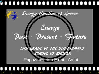 >> 0 >> 1 >> 2 >> 3 >> 4 >>
Energy timeline of Greece
5ND GRADE OF THE 5TH PRIMARY
SCHOOL OF RHODES
Energy
Past - Present - Future
Papazachariou Eirini - Anthi
 