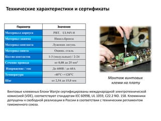 Технические характеристики и сертификаты
Параметр Значение
Материалл корпуса PBT，UL94V-0
Материал зажима Никел.бронза
Материал контакта Луженая латунь
Материал винта Оцинк. сталь
Кол-во контактов 1-3 (модульные) / 2-24
Сечение провода от 0,08 до 25 мм2
Напряжение / ток До 600В / до 60А
Температура -40°C~+120°C
Шаг от 2,54 до 15,0 мм
Винтовые клеммных блоки Wanjie сертифицированы международной электротехнической
комиссией (VDE), соответствуют стандартам IEC 60998, UL 1059, C22.2 NO. 158. Клеммники
допущены к свободной реализации в России в соответствии с техническим регламентом
таможенного союза.
Монтаж винтовых
клемм на плату
 