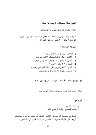 24
‫معناه‬ ‫عن‬ ‫خروجه‬ ‫ـ‬ ‫صيغته‬ ‫ـ‬ ‫معناه‬ :‫النهي‬
‫معناه‬.‫ا استعالء‬ ‫وجه‬ ‫على‬ ‫الفعل‬ ‫ترك‬ ‫طلب‬ :
:‫وهي‬ ،‫واحدة‬ :‫صيغته‬‫تقربوا‬ ‫:"و ا‬ ‫نحو‬ ،‫المضارع‬ ‫الفعل‬ ‫مع‬ ‫الناهية‬ ‫ ا‬
.‫الخيرات‬ ‫فعل‬ ‫عن‬ ‫تكسل‬ ‫ ا‬ :‫وتقول‬ ."‫الفواحش‬
:‫معناه‬ ‫عن‬ ‫خروجه‬
0-." ‫نسينا‬ ‫إن‬ ‫تؤاخذنا‬ ‫ ا‬ ‫ربنا‬ " ،‫الدعاء‬
3-. ‫موعدنا‬ ‫تنس‬ ‫ ا‬ :‫لصديقك‬ ‫قولك‬ ‫مثل‬ ،‫ا التماس‬
2-.‫بليله‬ ‫المسرور‬ ‫يقوله‬ ،‫صبح‬ ‫يا‬ ‫تطلع‬ ‫ ا‬ ،‫التمني‬
1-‫تعتذروا‬ ‫ ا‬ " ،‫التيئيس‬." ‫اليوم‬
5-.‫يعصيه‬ ‫لمن‬ ‫األمر‬ ‫نافذ‬ ‫يقوله‬ ،‫أمري‬ ‫تطع‬ ‫ ا‬ ،‫التهديد‬
1-‫لبغيتها‬ ‫ترحل‬ ‫ ا‬ ‫المكارم‬ ‫دع‬ :‫مثل‬ ،‫التحقير‬
‫االستفهام‬‫معناه‬ :–‫أقسامه‬-‫أدواته‬–‫معناه‬ ‫عن‬ ‫خروجه‬
:‫معناه‬.‫جواب‬ ‫إلى‬ ‫ويحتاج‬ ،‫مجهول‬ ‫بشيء‬ ‫العلم‬ ‫طلب‬
:‫أقسامه‬
0-.‫التصور‬ ‫طلب‬
3-:‫ذلك‬ ‫توضيح‬ ‫وإليك‬ .‫التصديق‬ ‫طلب‬
،‫صديقك‬ ‫به‬ ‫عرفك‬ ‫بأديب‬ ‫فيه‬ ‫والتقيتما‬ ‫الكتاب‬ ‫معرض‬ ‫إلى‬ ‫صديقك‬ ‫مع‬ ‫ذهبت‬
،‫األديب‬ ‫ذاك‬ ‫من‬ :‫قلت‬ ‫فإذا‬ ،‫كتابا‬ ‫أصدر‬ ‫بأنه‬ ‫صديقك‬ ‫لك‬ ‫قال‬ ،‫عام‬ ‫بعد‬ ‫ثم‬
 