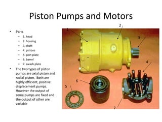Piston Pumps and Motors
• Parts
– 1. head
– 2. housing
– 3. shaft
– 4. pistons
– 5. port plate
– 6. barrel
– 7. swash plate
• The two types of piston
pumps are axial piston and
radial piston. Both are
highly efficient, positive
displacement pumps.
However the output of
some pumps are fixed and
the output of other are
variable
1
2
3
4
5
6
7
 