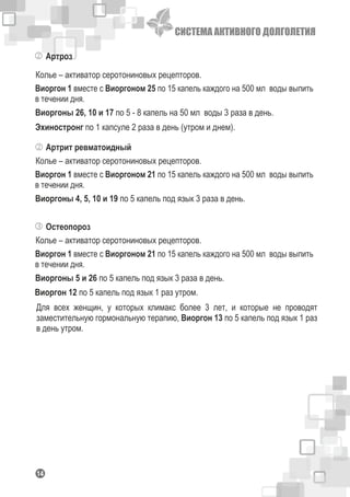СИСТЕМА АКТИВНОГО ДОЛГОЛЕТИЯ
114
Артроз
Колье – активатор серотониновых рецепторов.
Виоргон 1 вместе с Виоргоном 25 по 15 капель каждого на 500 мл воды выпить
в течении дня.
Виоргоны 26, 10 и 17 по 5 - 8 капель на 50 мл воды 3 раза в день.
Эхиностронг по 1 капсуле 2 раза в день (утром и днем).
Артрит ревматоидный
Колье – активатор серотониновых рецепторов.
Виоргон 1 вместе с Виоргоном 21 по 15 капель каждого на 500 мл воды выпить
в течении дня.
Виоргоны 4, 5, 10 и 19 по 5 капель под язык 3 раза в день.
Остеопороз
Колье – активатор серотониновых рецепторов.
Виоргон 1 вместе с Виоргоном 21 по 15 капель каждого на 500 мл воды выпить
в течении дня.
Виоргоны 5 и 26 по 5 капель под язык 3 раза в день.
Виоргон 12 по 5 капель под язык 1 раз утром.
Для всех женщин, у которых климакс более 3 лет, и которые не проводят
заместительную гормональную терапию, Виоргон 13 по 5 капель под язык 1 раз
в день утром.
 