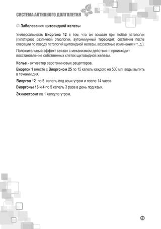 СИСТЕМА АКТИВНОГО ДОЛГОЛЕТИЯ
119
Заболевания щитовидной железы
Универсальность Виоргона 12 в том, что он показан при любой патологии
(гипотиреоз различной этиологии, аутоиммунный тиреоидит, состояние после
операции по поводу патологий щитовидной железы, возрастные изменения и т. д.).
Положительный эффект связан с механизмом действия – происходит
восстановление собственных клеток щитовидной железы.
Виоргон 1 вместе с Виоргоном 25 по 15 капель каждого на 500 мл воды выпить
в течении дня.
Виоргон 12 по 5 капель под язык утром и после 14 часов.
Виоргоны 16 и 4 по 5 капель 3 раза в день под язык.
Эхиностронг по 1 капсуле утром.
Колье - активатор серотониновых рецепторов.
 
