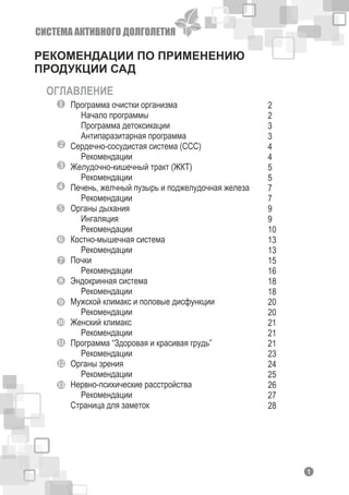 СИСТЕМА АКТИВНОГО ДОЛГОЛЕТИЯ
ОГЛАВЛЕНИЕ
РЕКОМЕНДАЦИИ ПО ПРИМЕНЕНИЮ
ПРОДУКЦИИ САД
Программа очистки организма
Начало программы
Программа детоксикации
Антипаразитарная программа
Сердечно-сосудистая система (ССС)
Рекомендации
Желудочно-кишечный тракт (ЖКТ)
Рекомендации
Печень, желчный пузырь и поджелудочная железа
Рекомендации
Органы дыхания
Ингаляция
Рекомендации
Костно-мышечная система
Рекомендации
Почки
Рекомендации
Эндокринная система
Рекомендации
Мужской климакс и половые дисфункции
Рекомендации
Женский климакс
Рекомендации
Программа “Здоровая и красивая грудь”
Рекомендации
Органы зрения
Рекомендации
Нервно-психические расстройства
Рекомендации
Страница для заметок
2
2
3
3
4
4
5
5
7
7
9
9
10
13
13
15
16
18
18
20
20
21
21
21
23
24
25
26
27
28
11
 