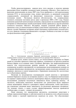 5
Чтобы проиллюстрировать важную роль этого явления, в качестве примера
рассмотрим более подробно указанную выше компанию «Магнит». Нам известна ее
рыночная капитализация на конец 2007 года. Если прибавлять к этой капитализации
значения EVA за последующие годы, можно проследить за динамикой изменений
«справедливой», основанной на финансовых показателях, стоимости фирмы
(сплошная линия). Наглядным является обстоятельство, что «справедливая»
стоимость компании постоянно росла даже в кризисные 2008 и 2011 года. Однако
изменение рыночной капитализации компании, определенное на основании биржевых
котировок ее обыкновенных акций (пунктирная линия), приводило к другой динамике
стоимости компании «Магнит». Во-первых, вопреки успешной работе фирмы в
кризисные годы, ее капитализация на бирже существенно уменьшалась, во-вторых, во
многих случаях биржевые котировки акций показывали необъективно сильный рост,
по сути, приводя к надуванию финансового «пузыря». Особенно отчетливо это видно
на представленном ниже графике.
Рис. 1. Сопоставление динамики биржевой капитализации компании с динамикой ее
«справедливой» стоимости на основании показателя EVA (на примере ПАО «Магнит»)
Подводя итоги, можно сделать вывод, что использование торгуемых на бирже
акций не способно приносить инвестору прибыль, основанную на прогнозе развития
бизнеса фирмы из-за влияния таких случайных факторов, как макроэкономические
новости или психологическая реакция рынков на заявления политиков, не
основанному на работе предприятий, но оказывающие незапланированное влияние на
котировки финансовых инструментов, заставляющих акции отдельных компаний «по
инерции» двигаться в одном направлении с биржевыми индексами без достаточных
на то объективных причин.
Несмотря на неоднократное подтверждение нашей гипотезы о чрезмерном
влиянии биржевого индекса на котировки акций и о том, что биржевая капитализация
не отражает справедливую стоимость акционерных обществ, необходимо продолжать
исследования, подвергая полученную зависимость более глубокому анализу. В
частности, необходимо выполнить вычисления для значительно более широкого
списка акционерных обществ и расширить период наблюдения, чтобы проследить,
как изменялась указанная выше зависимость на различных временных интервалах.
Это поможет понять, в каких случаях сформулированная гипотеза проявляется
особенно ярко, а в каких – снижает актуальность.
Нами доказано, что традиционные аргументы, склоняющие инвесторов к
выбору определенной фирмы, в действительности не являются столь убедительными,
чтобы можно с высокой вероятностью надеяться на успех. Это обусловливает
 