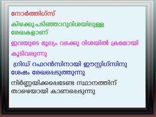 േനാർതിഗസ്
കിഴകു-പടിഞാറുദിശയിലുള
േരഖകളാണ്.
ഇവയുെട മൂലയം വടകു ദിശയിൽ കമമായി
കൂടിവരുനു.
ഗിഡ് റഫറൻസിനായി ഈസിഗസിനു
േശഷം േരഖെപടുതുനു.
നിർണയികെപേടണ സാനതിന്
താെഴയായി കാണെപടുനു.
 