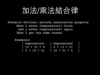 加法/乘法結合律
Scenario Outline: satisfy associative property
When I enter <expression1> first
And I enter <expression2> again
Then I get the same answer
Examples:
| expression1 | expression2 |
| (2 + 3) + 4 | 2 + (3 + 4) |
| 2 * (3 * 4) | (2 * 3) * 4 |
 