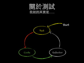關於測試
我說的其實是......
Test
Code Refactor
Start
 