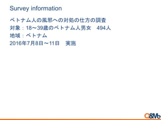Survey information
ベトナム人の風邪への対処の仕方の調査
対象：18～39歳のベトナム人男女 494人
地域：ベトナム
2016年7月8日～11日 実施
 