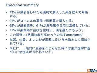 Executive summary
• 73% が風邪をひいたら薬局で購入した薬を飲んで対処
する。
• 91% がローカルの薬局で風邪薬を購入する。
• 65% が風邪薬を、61％が解熱剤を自宅に常備している。
• 71% が薬剤師に症状を説明し、薬を選んでもらう。
• この調査で1番認知度が高かったのは“Paracetamol”
• お粥、生姜、オレンジが風邪に良い食べ物として認知さ
れている。
• 未だに、一般的に風邪をこじらせた時には東洋医学に基
づいた治療法が行われている。
 