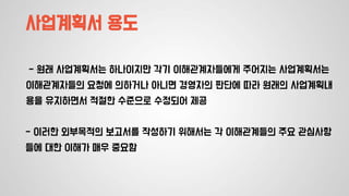 사업계획서 용도
- 이러한 외부목적의 보고서를 작성하기 위해서는 각 이해관계들의 주요 관심사항
들에 대한 이해가 매우 중요함
- 원래 사업계획서는 하나이지만 각기 이해관계자들에게 주어지는 사업계획서는
이해관계자들의 요청에 의하거나 아니면 경영자의 판단에 따라 원래의 사업계획내
용을 유지하면서 적절한 수준으로 수정되어 제공
 