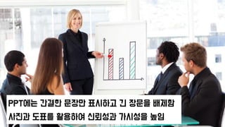 PPT에는 간결한 문장만 표시하고 긴 장문을 배제함
사진과 도표를 활용하여 신뢰성과 가시성을 높임
 