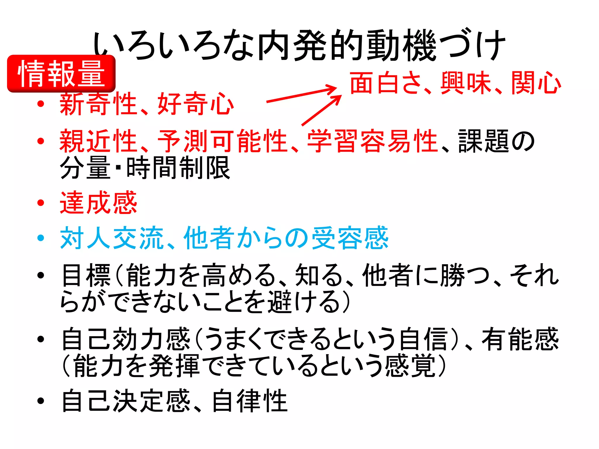 いろいろな内発的動機づけ
• 新奇性、好奇心
• 親近性、予測可能性、学習容易性、課題の
分量・時間制限
• 達成感
• 対人交流、他者からの受容感
• 目標（能力を高める、知る、他者に勝つ、それ
らができないことを避ける）
• 自己効力感（うまくできるという自信）、有能感
（能力を発揮できているという感覚）
• 自己決定感、自律性
面白さ、興味、関心情報量
 