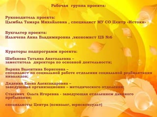 Рабочая группа проекта:
Кураторы подпрограмм проекта:
Шибанова Татьяна Анатольевна –
заместитель директора по основной деятельности;
Варина Валентина Борисовна –
специалист по социальной работе отделения социальной реабилитации
инвалидов;
Диденко Елена Александровна –
заведующая организационно – методического отделения;
Стасевич Ольга Игоревна - заведующая отделением дневного
пребывания;
специалисты Центра (психолог, юрисконсульт)
Руководитель проекта:
Цымбал Тамара Михайловна , специалист МУ СО Центр «Истоки»
Бухгалтер проекта:
Ильичева Анна Владимировна ,экономист ЦБ №6
 