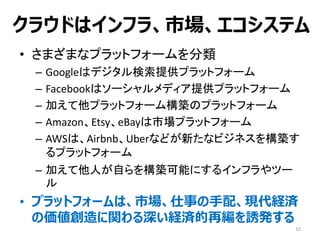 クラウドはインフラ、市場、エコシステム
• さまざまなプラットフォームを分類
– Googleはデジタル検索提供プラットフォーム
– Facebookはソーシャルメディア提供プラットフォーム
– 加えて他プラットフォーム構築のプラットフォーム
– Amazon、Etsy、eBayは市場プラットフォーム
– AWSは、Airbnb、Uberなどが新たなビジネスを構築す
るプラットフォーム
– 加えて他人が自らを構築可能にするインフラやツー
ル
• プラットフォームは、市場、仕事の手配、現代経済
の価値創造に関わる深い経済的再編を誘発する
10
 