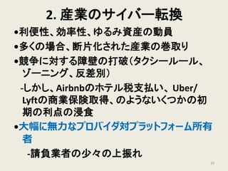 2. 産業のサイバー転換
•利便性、効率性、ゆるみ資産の動員
•多くの場合、断片化された産業の巻取り
•競争に対する障壁の打破（タクシールール、
ゾーニング、反差別）
‐しかし、Airbnbのホテル税支払い、 Uber/
Lyftの商業保険取得、のようないくつかの初
期の利点の浸食
•大幅に無力なプロバイダ対プラットフォーム所有
者
‐請負業者の少々の上振れ
29
 