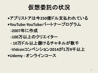 仮想委託の状況
•アプリストアは今250億ドル支払われている
•YouTube-YouTubeパートナープログラム
‐2007年に作成
-100万以上のクリエイター
- 10万ドル以上儲けるチャネルが数千
-Vidconコンベンション2014が1万9千以上
•Udemy - オンラインコース
34
 