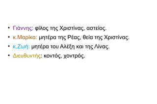 ●
Γιάννης: φίλος της Χριστίνας, αστείος.
●
κ.Μαρίκα: μητέρα της Ρέας, θεία της Χριστίνας.
●
κ.Ζωή: μητέρα του Αλέξη και της Λίνας.
●
Διευθυντής: κοντός, χοντρός.
 