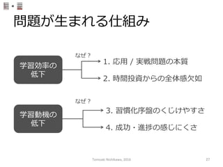 問題が⽣生まれる仕組み
学習効率率率の
低下
学習動機の
低下
1.  応⽤用  /  実戦問題の本質
なぜ？
3.  習慣化序盤のくじけやすさ
なぜ？
2.  時間投資からの全体感⽋欠如
4.  成功・進捗の感じにくさ
Tomoaki	
  Nishikawa,	
  2016	
 27	
 