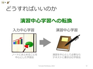 どうすればいいのか
演習中⼼心学習への転換
演習中⼼心学習	
⼊入⼒力力中⼼心学習	
ノートにまとめることを
中⼼心とした学習法
演習を中⼼心として必要なら
テキストに書き込む学習法
Tomoaki	
  Nishikawa,	
  2016	
 51	
 