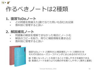 作るべきノートは2種類
1.  復復習ToDoノート
•  どの問題を間違えた(勘で当てた問いも含む)を記録
•  教科別に管理理すると良良い
2.  解説補完ノート
•  問題集の解説を理理解できなかった場合にノート化
•  解説のコピーを貼り、周りに補助情報を書き込む
•  教科別に管理理すると良良い
復復習ToDoノート  (5教科分)と解説補完ノート  (5教科分)を
それぞれ別のルーズリーフバインダにまとめるのがオススメ
p  不不要になったノートを捨てることで探しやすさを維持できる
p  普通のノートを使うよりも鞄の中を軽くしやすい  (意外と重要)
Tomoaki	
  Nishikawa,	
  2016	
 53	
 