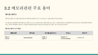 3.2 메모리관련 주요 용어
페이징스페이스
페이징스페이스는메인 메모리가 부족할 때 사용하는 디스크 공간으로, 스왑스페이스라고도한다.
시스템 성능 관점에서 보면 페이징스페이스는디스크에 프로세스 메모리를 쓰고, 읽는 스와핑 작업으로 인해 메모리 접근만으로 처리될 때에 비해 큰
성능 저하가 발생한다. 따라서 스와핑이 발생하지 않도록 메모리 여유율을 유지하는 것이 성능에 중요하다.
페이징스페이스크기 확인
IBM AIX HP-UX 오라클 솔라리스 리눅스 윈도우
lsps -a
svmon
/sbin/swapinfo
swap -s
swap -l
swapon -s
cat /proc/swaps
작업관리자
 