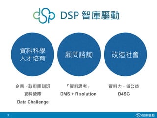 DSP 智庫驅動
資料科學
人才培育
顧問諮詢 改造社會
企業、政府團訓班
資料營隊
Data Challenge
資料力，做公益
D4SG
「資料思考」
DMS + R solution
3
 