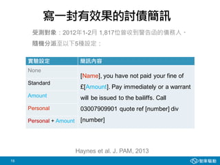 16
寫一封有效果的討債簡訊
受測對象：2012年1-2月 1,817位曾收到警告函的債務人。
隨機分派至以下5種設定：
Haynes et al. J. PAM, 2013
實驗設定 簡訊內容
None
Standard
Amount
Personal
Personal + Amount
[Name], you have not paid your fine of
£[Amount]. Pay immediately or a warrant
will be issued to the bailiffs. Call
03007909901 quote ref [number] div
[number]
 