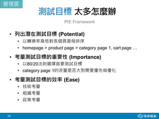 29
測試目標 太多怎麼辦
PIE Framework
• 列出潛在測試目標 (Potential)
• 以轉換率高低對各個頁面做排序
• homepage > product page > category page 1, cart page …
• 考量測試目標的重要性 (Importance)
• 以80/20法則選擇首要測試目標
• category page 1的流量是否大到需要優先做優化
• 考量測試目標的效率 (Ease)
• 技術考量
• 組織考量
• 政策考量
管理面
 