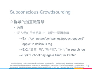 Subconscious Crowdsourcing
▷ 群眾的潛意識智慧
•  免費
•  從人們的日常紀錄中，擷取共同潛意識
→ Ex1: “computers/companies/product-support/
apple” in de...